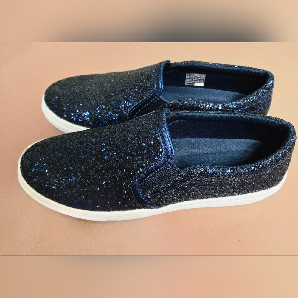 New! Skechers Air Cooled Memory Foam Navy Blue Glitter Slip On Shoes 7 - Picture 3 of 14